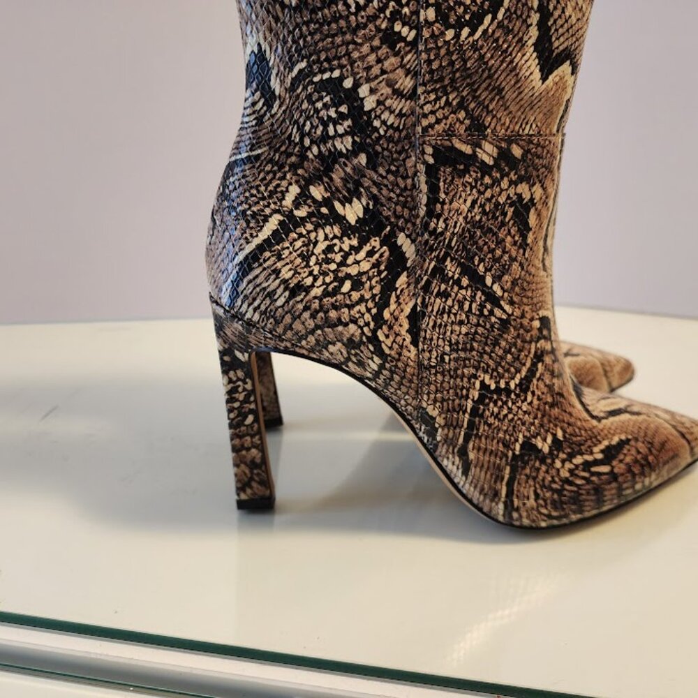 Vince Camuto Tan Snake Print Leather Mid-Calf Heeled Boots - Picture 5 of 11